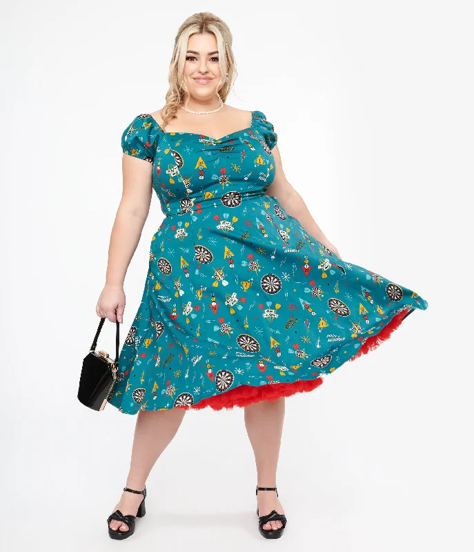 Workwear women's dressesPlus Size 1950s Teal Dart Board Keep Em Flying Cotton Swing Dress