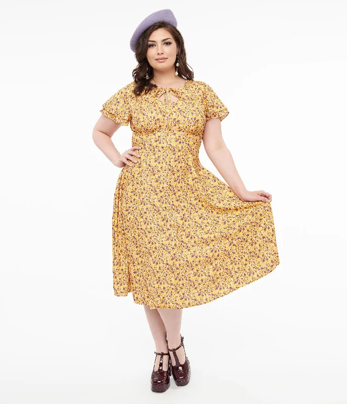 Dancewear dresses for performancesPlus Size 1950s Yellow & Purple Floral Capelet Swing Dress