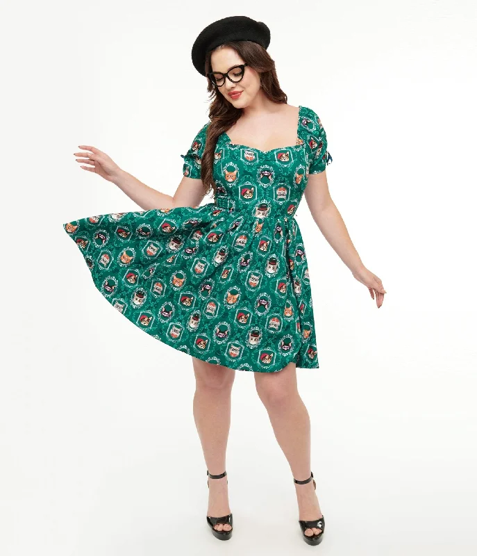 Summer dresses for hot weatherUnique Vintage 1950s Teal Cat Print Swing Dress