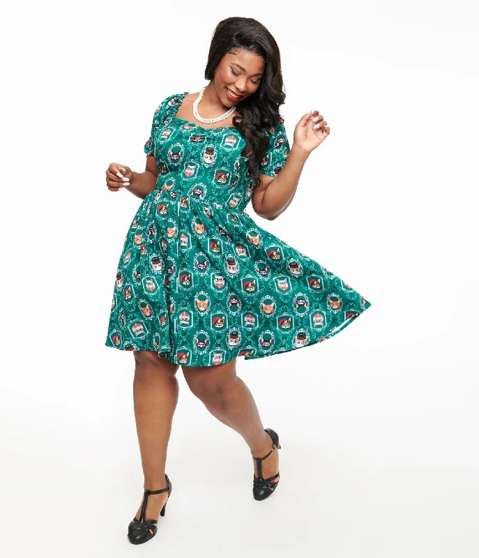 Autumn dresses for fall fashionUnique Vintage Plus Size 1950s Teal Cat Print Swing Dress