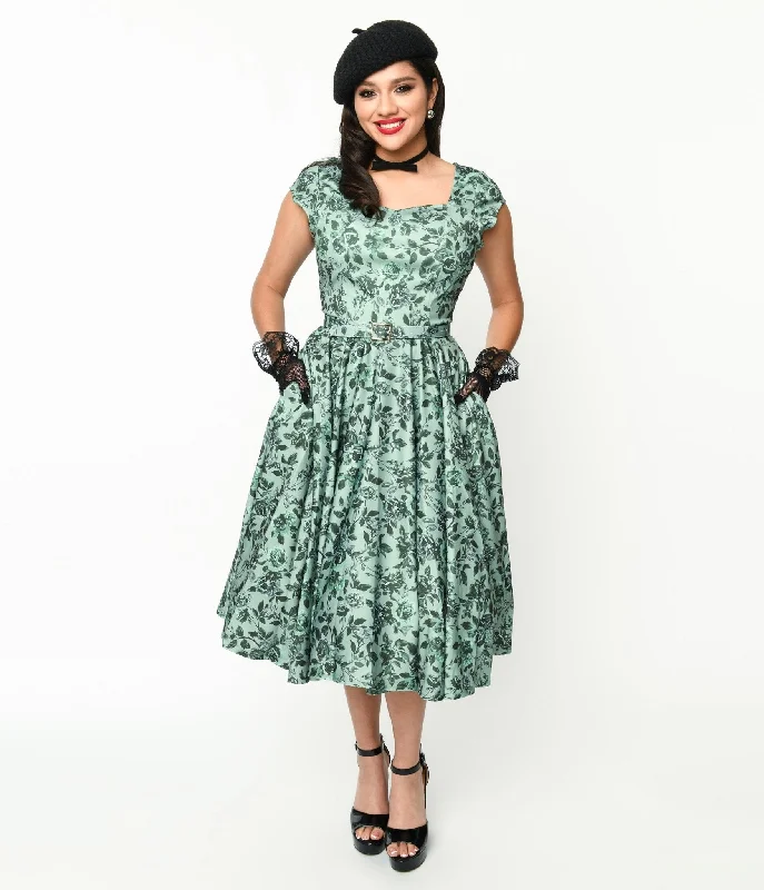 Flutter sleeve dresses for womenSage Green & Green Floral Cosmopolitan Swing Dress