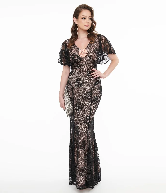 Bell sleeve dresses for womenUnique Vintage 1930s Black Lace & Peach Lining Flutter Sleeve Gown