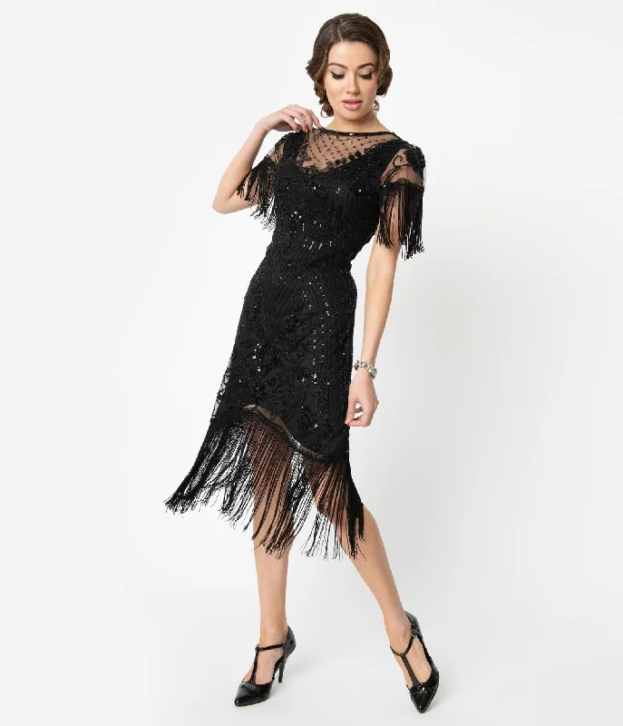 Tight-fitting dresses for womenUnique Vintage 1920s Black Beaded Fringe Sleeve Nadine Flapper Dress