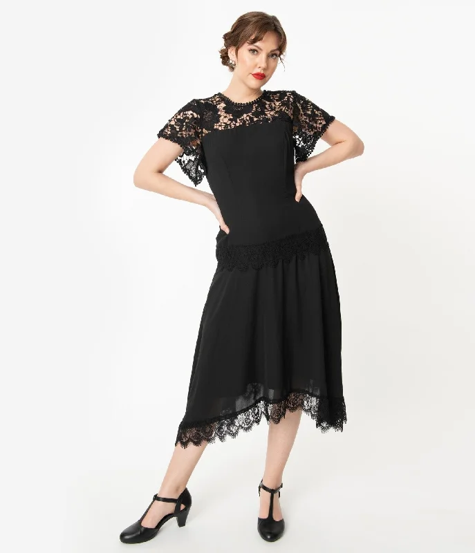 Bridal dresses for womenUnique Vintage 1920s Black Lace Marmande Flapper Dress