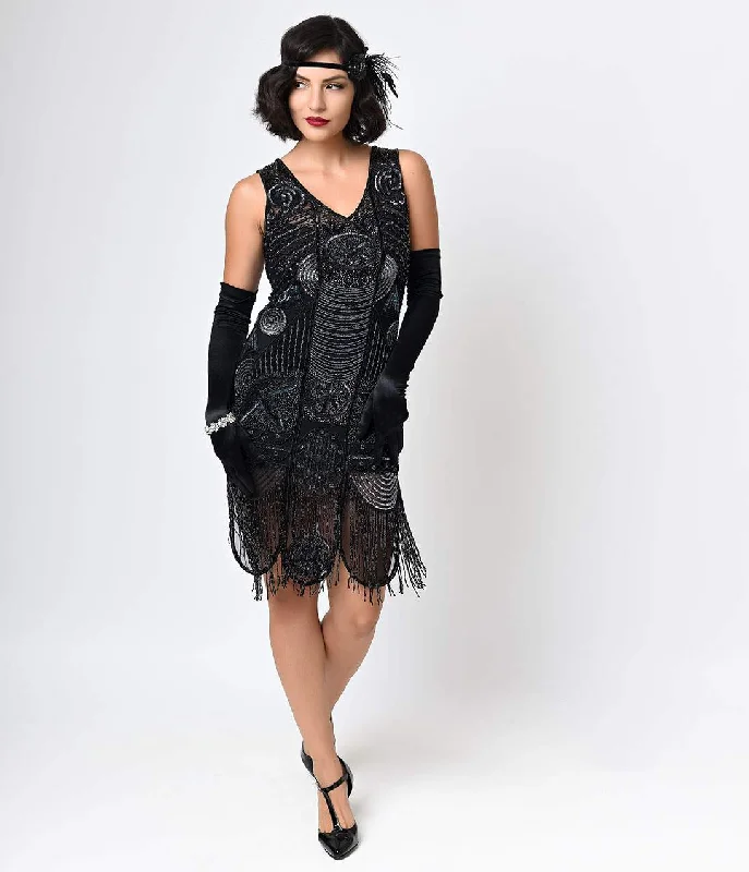 Spaghetti strap dresses for womenSpecial Order- Unique Vintage 1920s Style Black Hand Beaded Fringe Bosley Flapper Dress