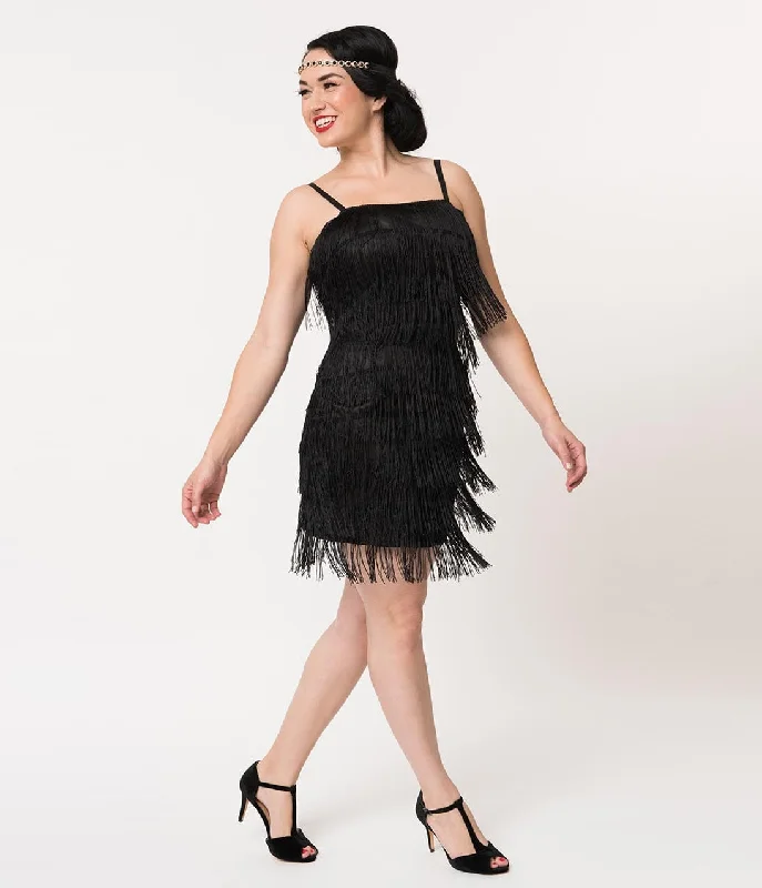 Cocktail dresses for womenUnique Vintage 1920s Style Black Speakeasy Tiered Fringe Flapper Dress