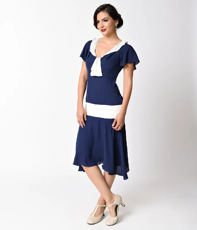 Sweetheart neckline dresses for womenUnique Vintage 1920s Navy Blue & Ivory Wilshire Flapper Day Dress