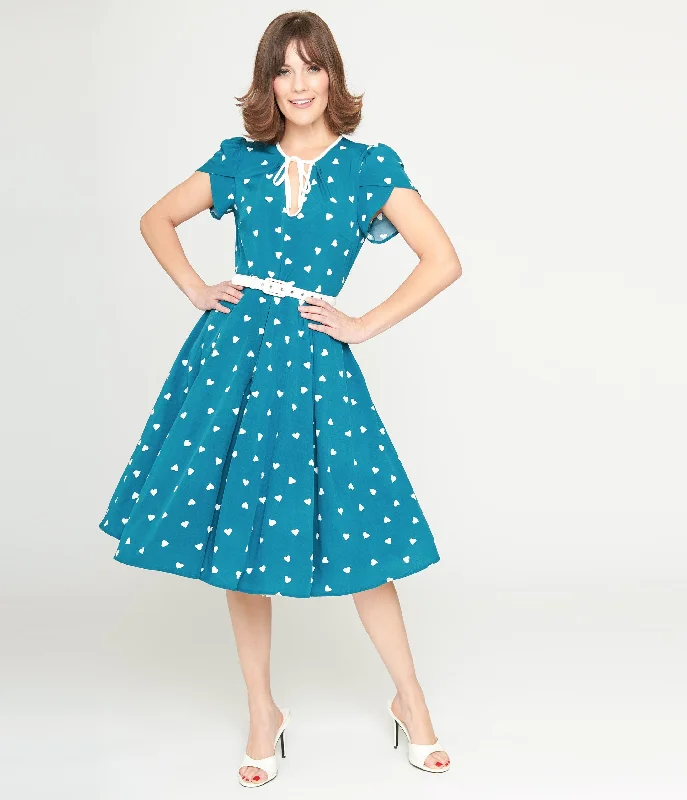 Designer dresses for high-end fashionUnique Vintage 1940s Teal & White Heart Dahlia Swing Dress