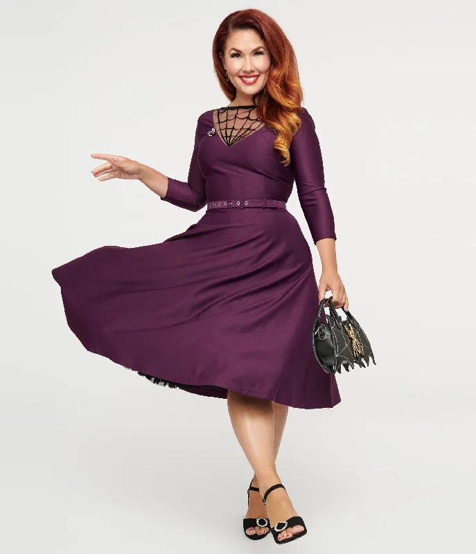 Leather dresses for womenUnique Vintage 1950s Eggplant & Black Spiderweb Devon Swing Dress