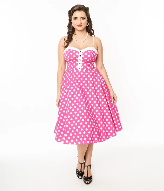 Satin dresses for womenUnique Vintage 1950s Hot Pink & White Polka Dot Cotton Swing Dress