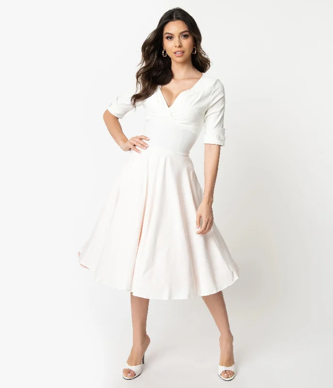 Halter dresses for womenUnique Vintage Ivory Delores Swing Dress with Sleeves