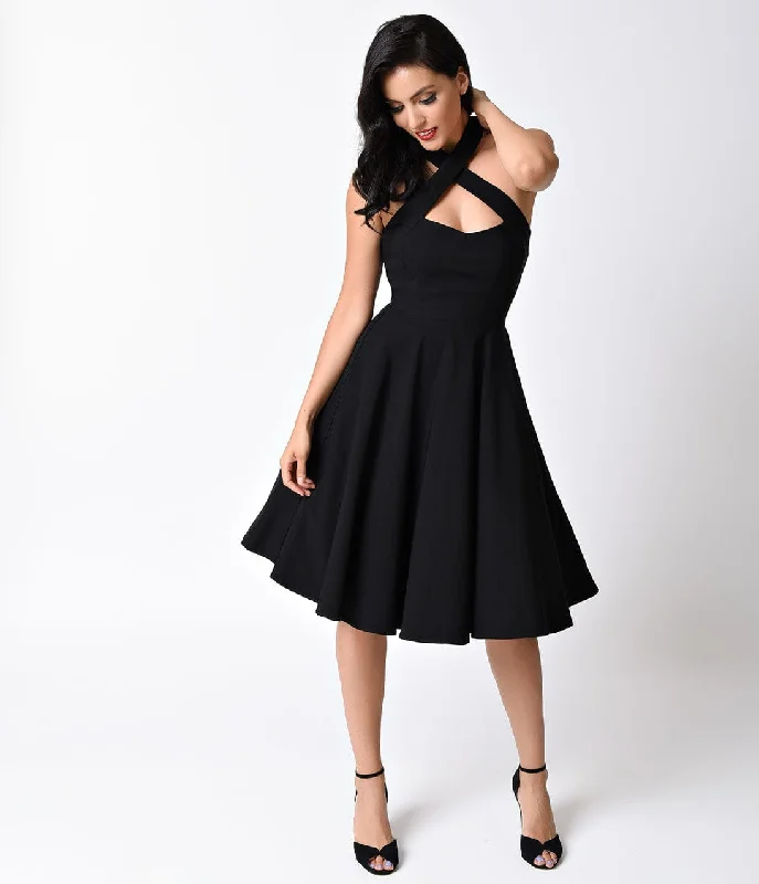 High-neck dresses for womenUnique Vintage Black Criss Cross Halter Rita Flare Dress