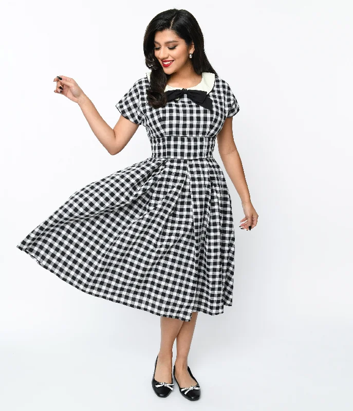 Halter dresses for womenUnique Vintage 1950s White & Black Gingham Swing Dress