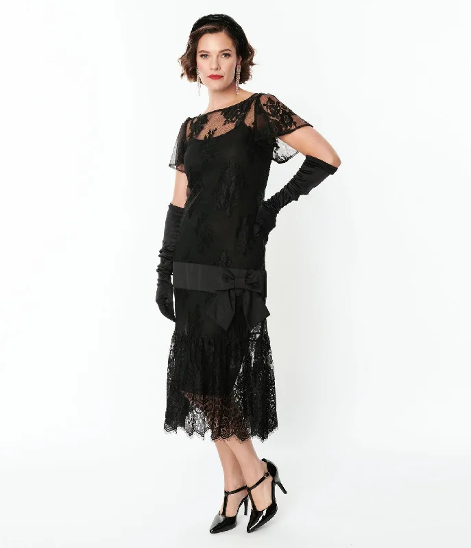 Workwear women's dressesUnique Vintage 1920s Black Lace & Bow Flapper Dress