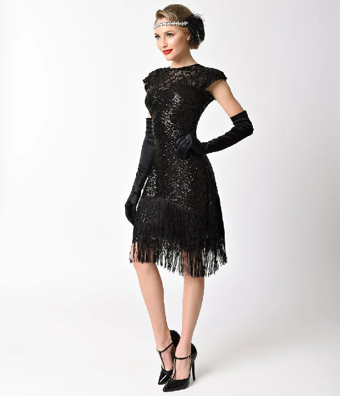 Velvet dresses for womenUnique Vintage 1920s Black Sequin Fringe Del Mar Flapper Dress