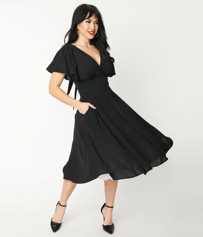 Wrap dresses for womenUnique Vintage 1940s Black Texture Swing Dress