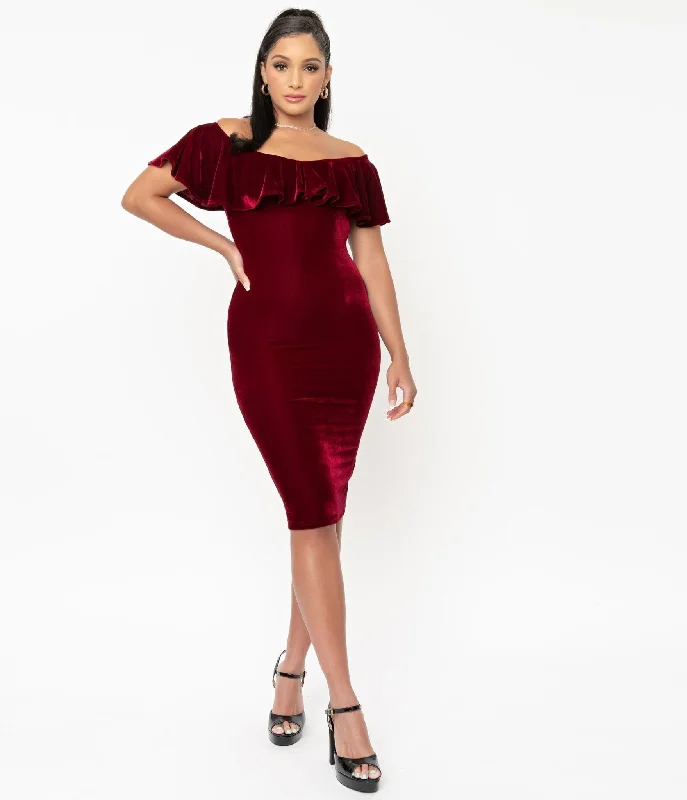 Petite dresses for womenUnique Vintage 1950s Burgundy Red Velvet Sophia Wiggle Dress