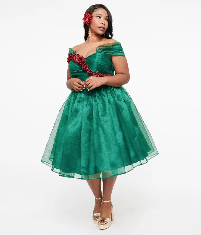 Batwing sleeve dresses for womenUnique Vintage 1940s Emerald & Roses Garden State Swing Dress