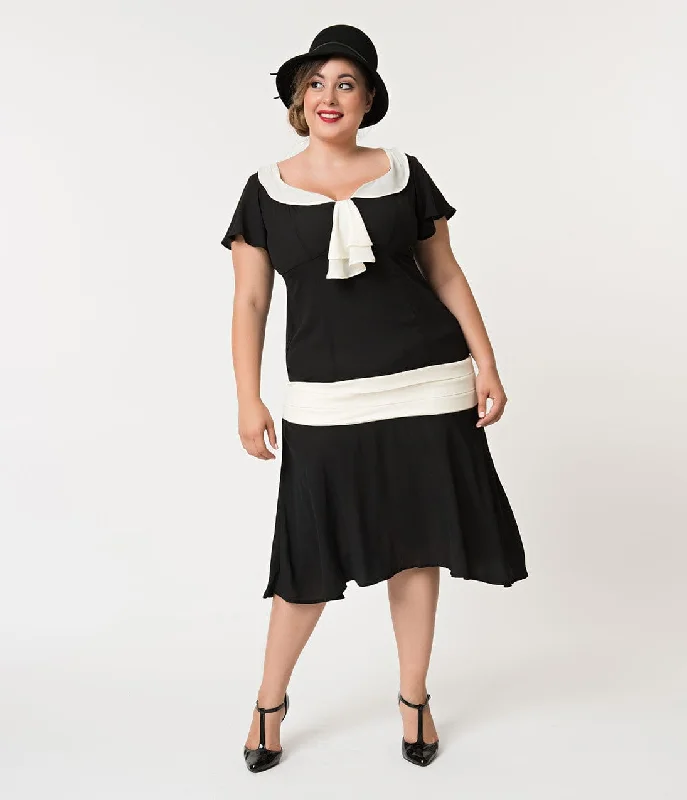 Long-sleeved dresses for womenUnique Vintage Plus Size 1920s Black & Cream Wilshire Flapper Day Dress