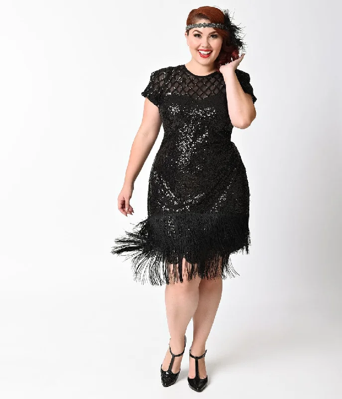 Embroidered dresses for womenUnique Vintage Plus Size 1920s Black Sequin Fringe Del Mar Flapper Dress