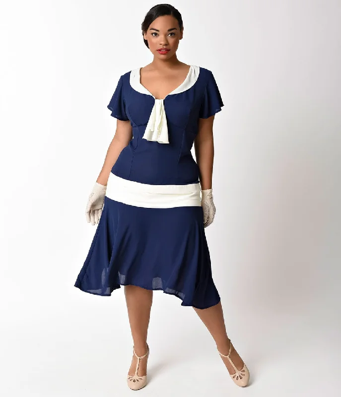 Linen dresses for summerUnique Vintage Plus Size 1920s Navy Blue & Ivory Wilshire Flapper Day Dress