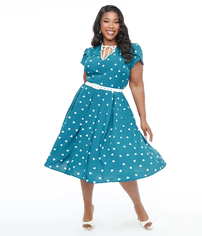 Statement dresses for making a fashion statementUnique Vintage Plus Size 1940s Teal & White Heart Dahlia Swing Dress