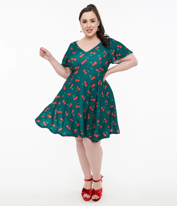 Striped dresses for womenUnique Vintage Plus Size 1950s Emerald & Cherry Print Poppy Flare Dress