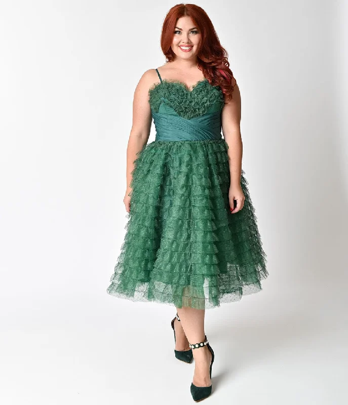 Mother-of-the-bride dressesUnique Vintage Plus Size 1950s Emerald Green Ruffled Tulle Sweetheart Cupcake Swing Dress