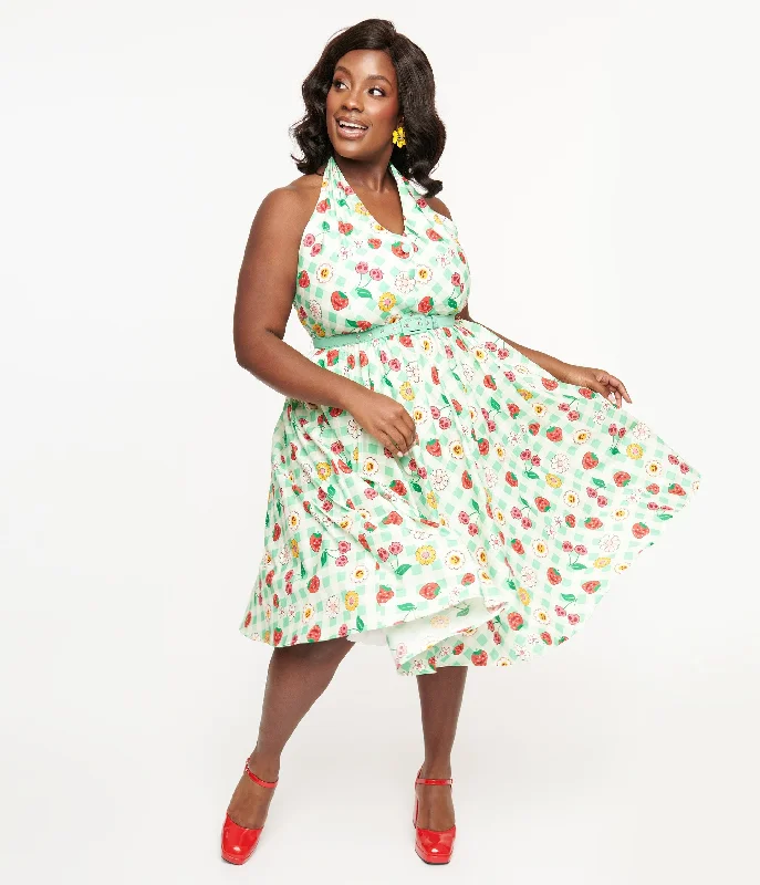 Spaghetti strap dresses for womenUnique Vintage Plus Size 1950s Green Gingham Spooky Fruit Print Halter Swing Dress