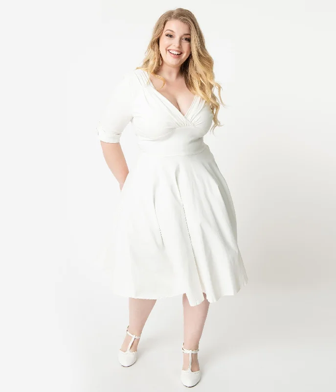 Satin dresses for womenUnique Vintage Plus Size 1950s Ivory Delores Swing Dress with Sleeves