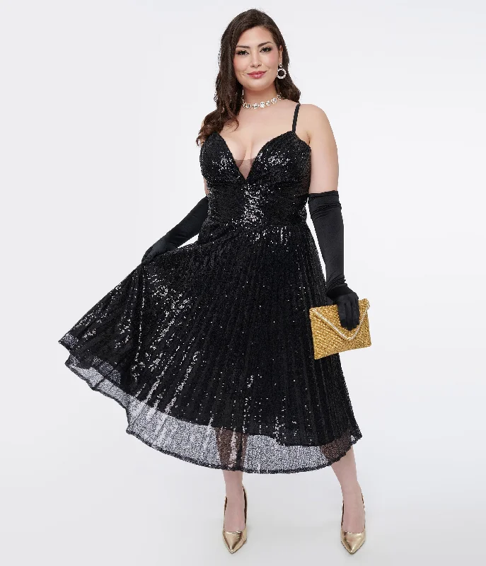 Velvet dresses for womenUnique Vintage Plus Size 1950s Black Pleated Sequin Swing Dress