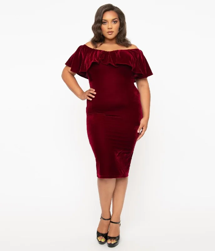 Tall women's dressesUnique Vintage Plus Size 1950s Burgundy Red Velvet Sophia Wiggle Dress