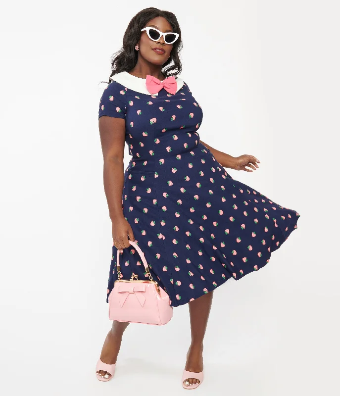 One-shoulder dresses for womenUnique Vintage Plus Size Navy & Pink Strawberry Print Eloise Swing Dress