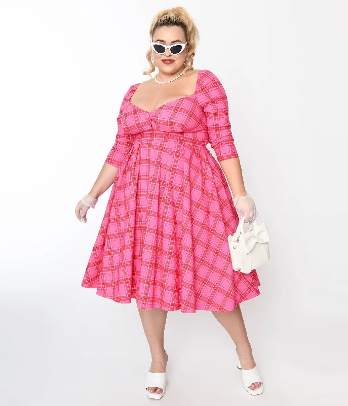 Cap sleeve dresses for womenUnique Vintage Plus Size Pink & Red Plaid Lamar Swing Dress