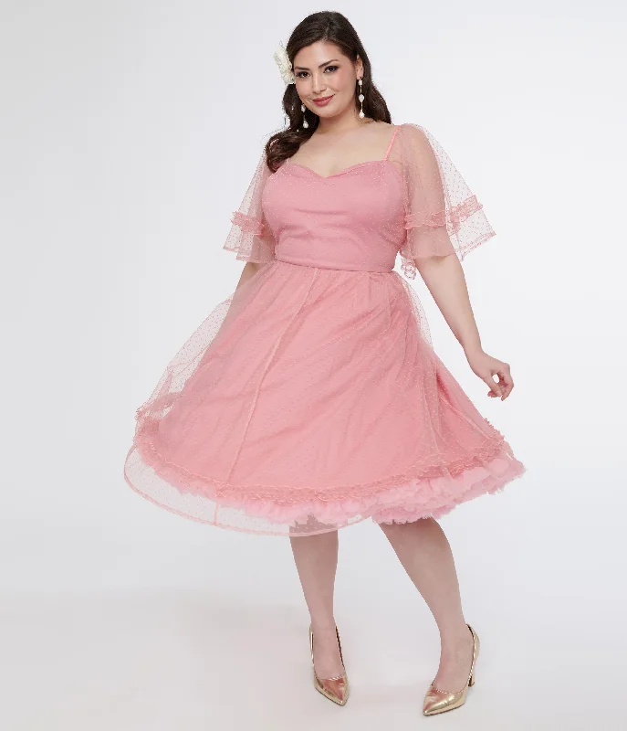 Chiffon dresses for womenUnique Vintage Plus Size 1950s Rose Ruffle Sweetheart Swing Dress