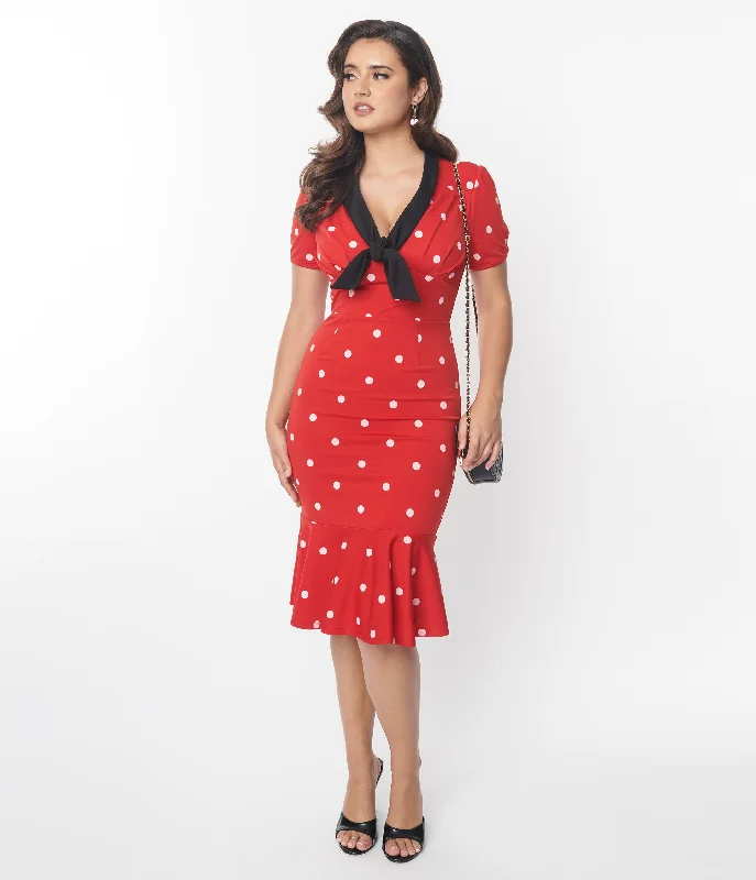 Sack dresses for womenUnique Vintage Red & White Polka Dot Neck Tie Wiggle Dress