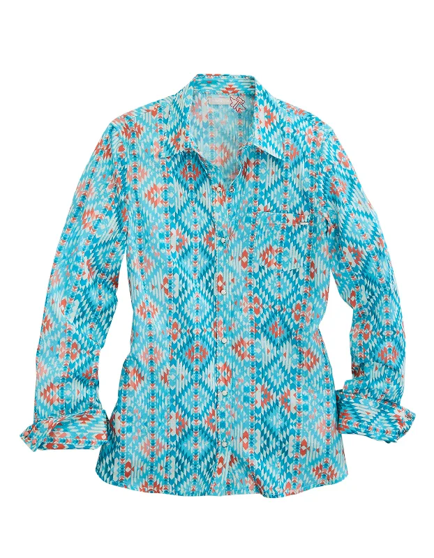 Designer women's topsWOMENS LONG SLEEVE SNAP TURQUOISE AZTEC PRINT WESTERN SHIRT