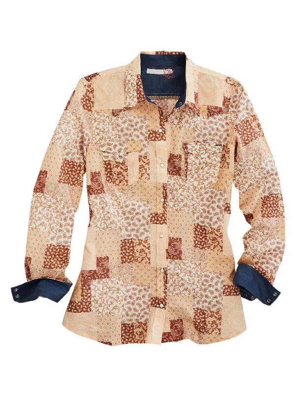 Handmade women's topsWOMENS LONG SLEEVE SNAP SUNRISE PATCHWORK PRINT WESTERN SHIRT