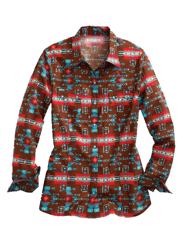 Limited edition women's topsWOMENS LONG SLEEVE SNAP TURQUOISE AZTEC PRINT WESTERN SHIRT