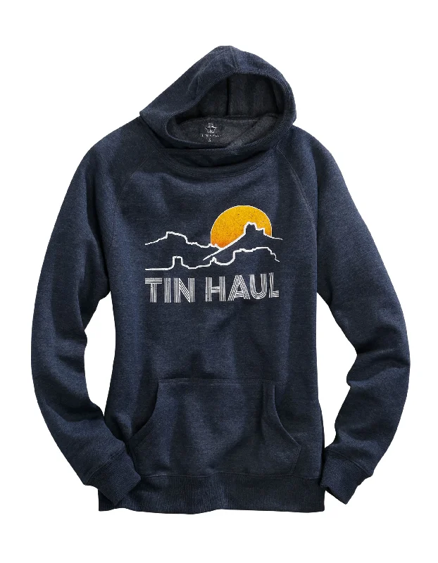 Suede women's topsWOMENS SUNSET MOUNTAIN SCREEN PRINT HOODIE NAVY SWEATSHIRT