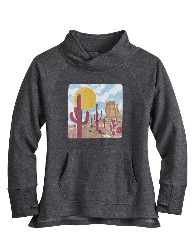 Black women's topsWOMENS TIN HAUL PULLOVER HOODIE DESERT SCENERY SCREEN PRINT WITH FUNNEL NECK