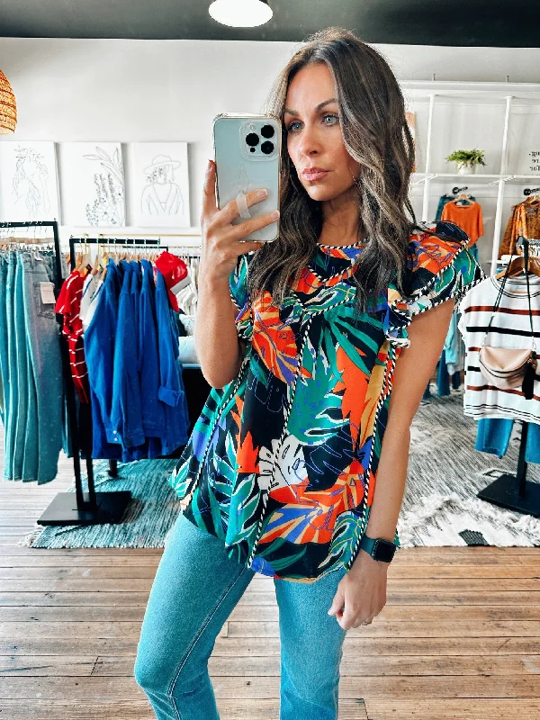 Easy-care women's topsBlack Tropical Cap Sleeve Blouse