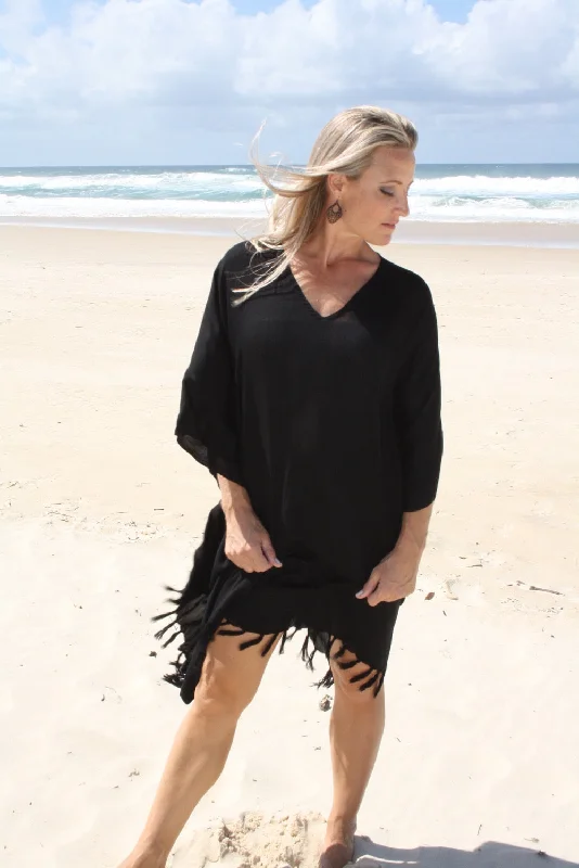 Leather-look women's topsShort Kaftan With Tassels In Black